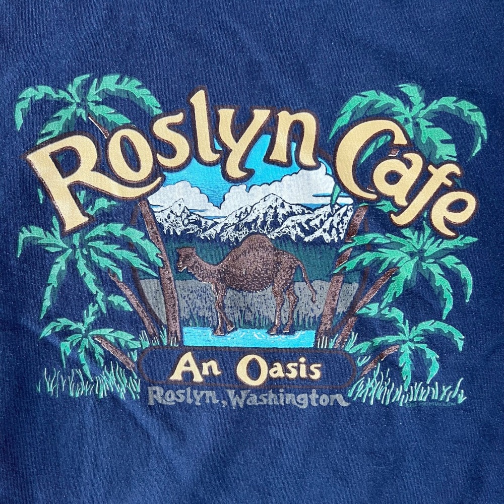 Vintage 1992 Roslyn Cafe T-Shirt Mens XL Navy Blue Nature Single Stitch Made USA